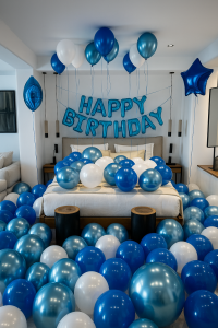 Luxurious Blue & Silver Birthday Room Setup